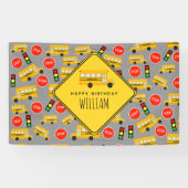 Gele schoolbus stoppen verkeerslicht spandoek (Horizontaal)