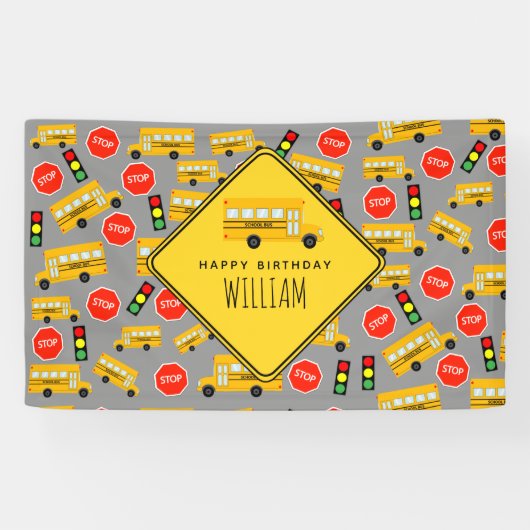 Gele schoolbus stoppen verkeerslicht spandoek (Horizontaal)