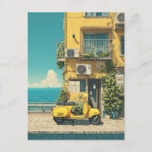 Gele scooter bij zee briefkaart