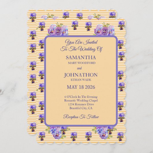 Gele Shabby Chic Flower Pansy bruiloft uitnodiging (Voorkant / Achterkant)