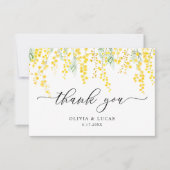 Gele sierlijke wilde bloemen mimosa rustieke bruil bedankkaart (Voorkant)