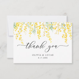 Gele sierlijke wilde bloemen mimosa rustieke bruil bedankkaart