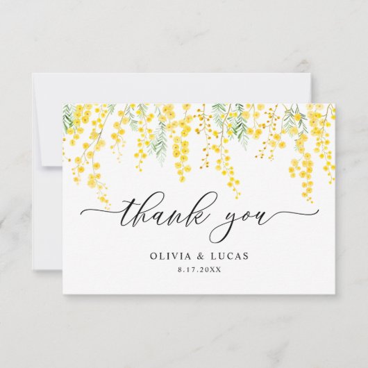 Gele sierlijke wilde bloemen mimosa rustieke bruil bedankkaart (Voorkant)