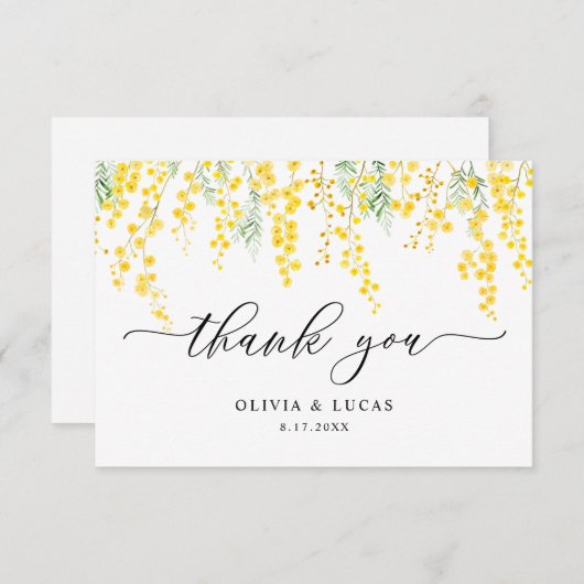 Gele sierlijke wilde bloemen mimosa rustieke bruil bedankkaart (Voorkant / Achterkant)