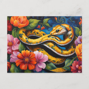 Gele slang in de levendige kleurrijke bloementuin briefkaart