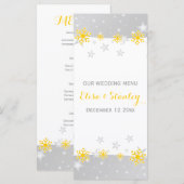 Gele sneeuwvlokken, grijze sterren trouwkaart menu (Voorkant / Achterkant)