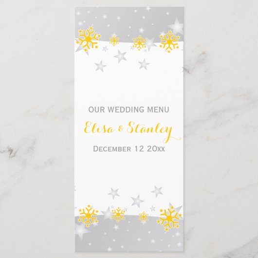 Gele sneeuwvlokken, grijze sterren trouwkaart menu (Voorkant)