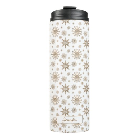 Gele Sneeuwvlokken Patroon & Aangepaste Naam Thermosbeker (Voorkant)