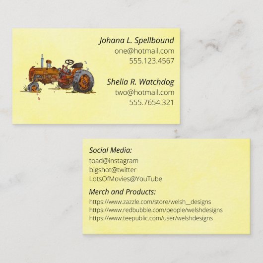 Gele sociale introductie callingcard-tractor visitekaartje (Voorkant / Achterkant)