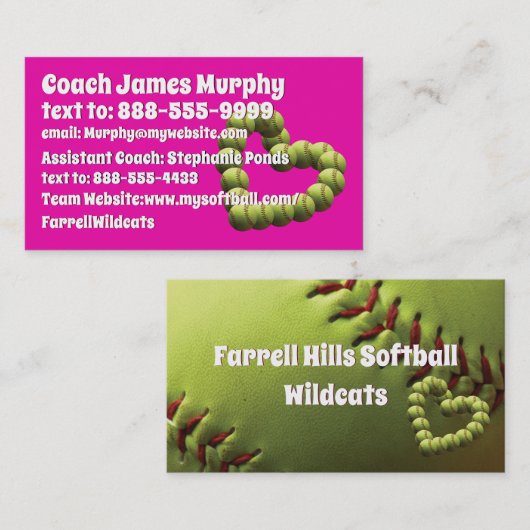 Gele Softball Heart Coach-kaart Visitekaartje (Voorkant / Achterkant)