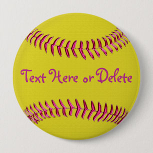 Gele Softball Pins met roze draden, JOUW TEKST Ronde Button 4,0 Cm