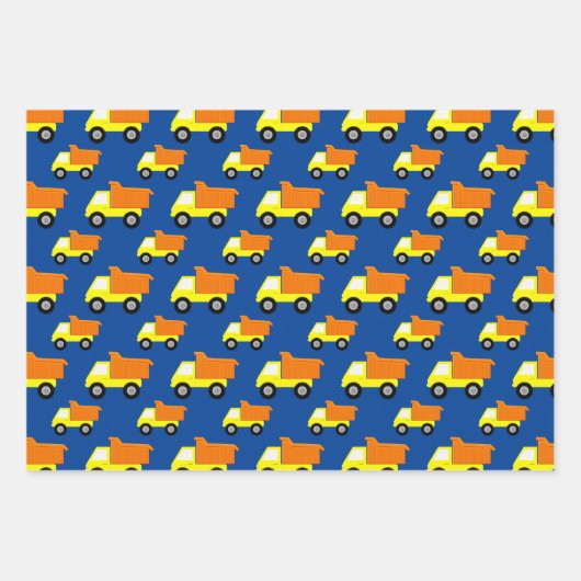 Gele Speelgoed bouwwagen op blauw Inpakpapier Vel (Voorkant 3)