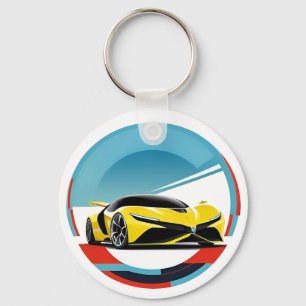 Gele sportwagen in moderne illustratieve cirkel sleutelhanger