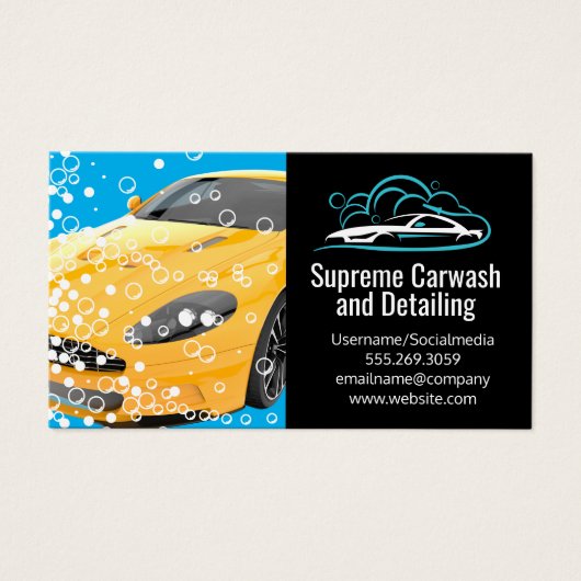 gele sportwagen | luchtbellen | Automatisch opscho Visitekaartje (Voorkant)