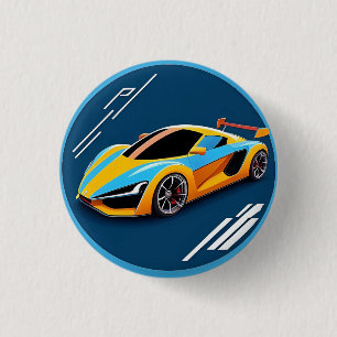 Gele sportwagen op blauwe achtergrond ronde button 3,2 cm