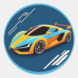 Gele sportwagen op blauwe achtergrond ronde sticker