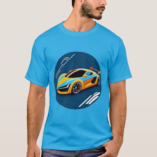 Gele sportwagen op blauwe achtergrond t-shirt (Voorkant)