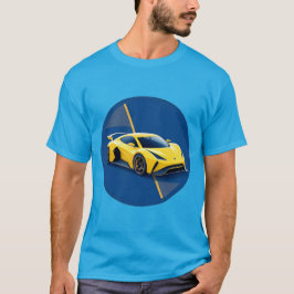 Gele sportwagen op blauwe achtergrond t-shirt