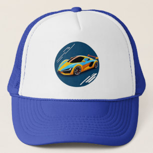Gele sportwagen op blauwe achtergrond trucker pet