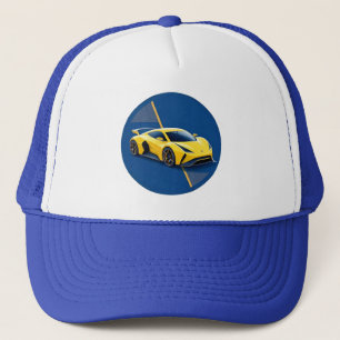 Gele sportwagen op blauwe achtergrond trucker pet
