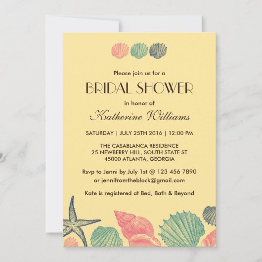 Gele Starfish Seashells Bridal Shower Invitation Kaart (Voorkant)