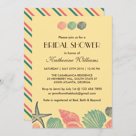 Gele Starfish Seashells Bridal Shower Invitation Kaart (Voorkant / Achterkant)