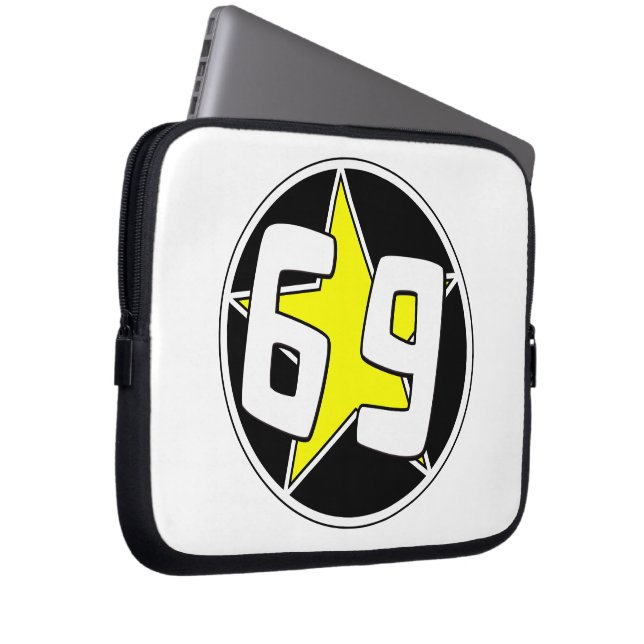 Gele ster 69  laptop sleeve (Voorkant Rechts)