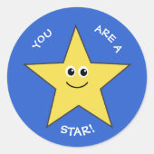 Gele ster leraren lof blauw ronde sticker (Voorkant)