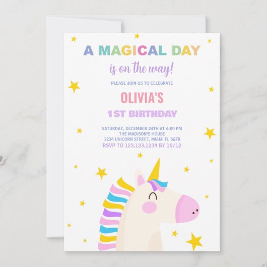 Gele Sterren Eenhoorn Verjaardag Uitnodigingen (Voorkant)