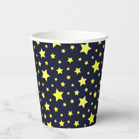 Gele sterren en donkerblauw patroon papieren bekers (Voorkant)