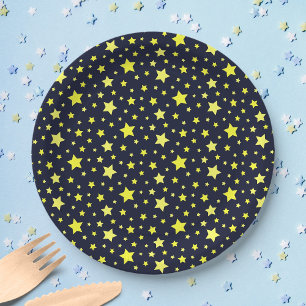 Gele sterren en donkerblauw patroon papieren bordje