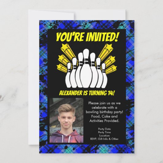 Gele Sterren Foto Bowling Party Verjaardag Kaart (Voorkant)