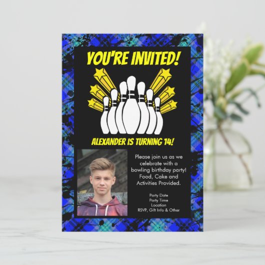 Gele Sterren Foto Bowling Party Verjaardag Kaart (Staand voorkant)