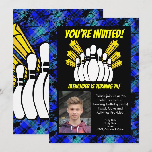 Gele Sterren Foto Bowling Party Verjaardag Kaart (Voorkant / Achterkant)