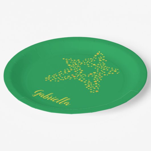 Gele sterren in ster op groen papieren bordje (Gekanteld)