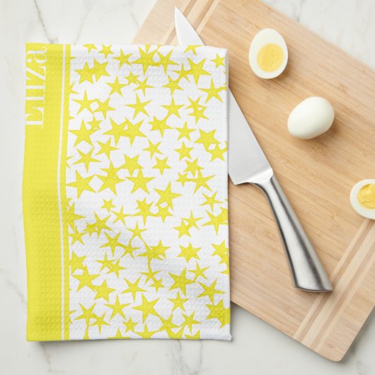 Gele sterren Witte BG, Gele naam Monogram Theedoek (Quarter Fold)