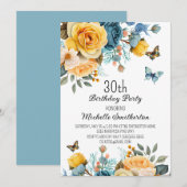 Gele Stoffige Blauwe Rozen Vlinders 30e Verjaardag Kaart (Voorkant / Achterkant)
