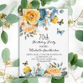 Gele Stoffige Blauwe Rozen Vlinders 70e Verjaardag Kaart