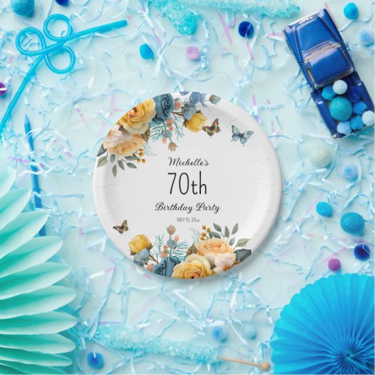 Gele Stoffige Blauwe Rozen Vlinders 70e Verjaardag Papieren Bordje (Feest)