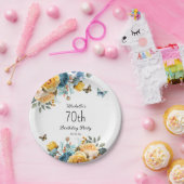 Gele Stoffige Blauwe Rozen Vlinders 70e Verjaardag Papieren Bordje (Feest)