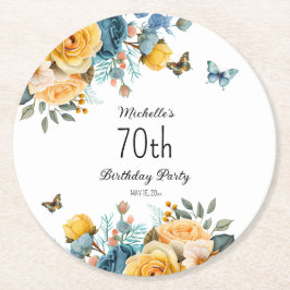 Gele Stoffige Blauwe Rozen Vlinders 70e Verjaardag Ronde Kartonnen Onderzetter