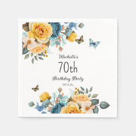Gele Stoffige Blauwe Rozen Vlinders 70e Verjaardag Servet