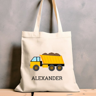 Gele stortwagen kids gepersonaliseerde bouw tote bag