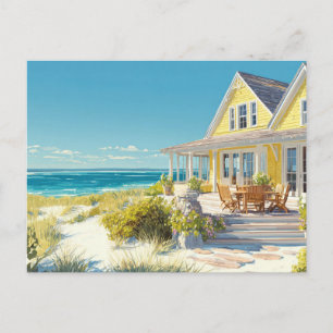Gele strandhuis kustkunst ansichtkaart briefkaart