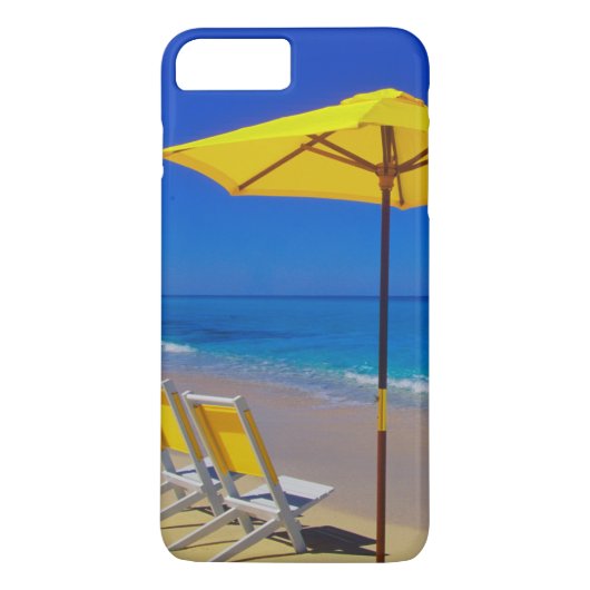 Gele strandparaplu's en stoelen op pristine Case-Mate iPhone case (Achterkant)