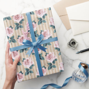 Gele strepen en roze Rozen Cadeaupapier