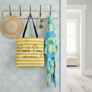 Gele strepen gepersonaliseerde stranddag tote bag