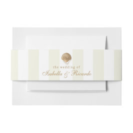 Gele Strepen & Gouden Zeeschelp Kustbruiloft Uitnodigingen Wikkel