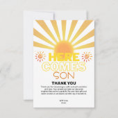 Gele strepen hier komt het Son Baby shower Bedankkaart (Voorkant)