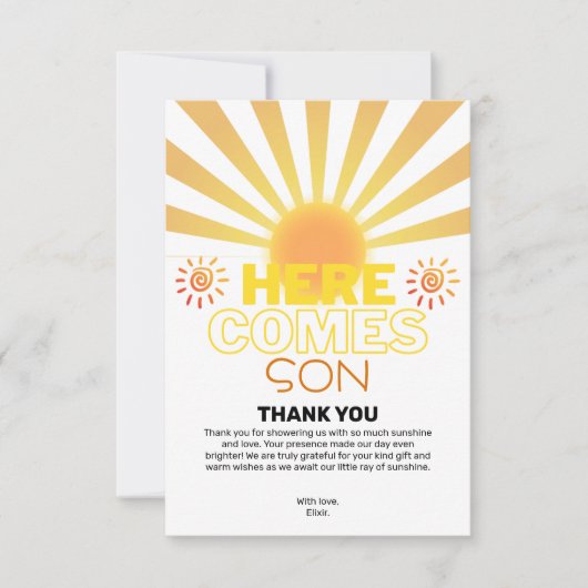 Gele strepen hier komt het Son Baby shower Bedankkaart (Voorkant)